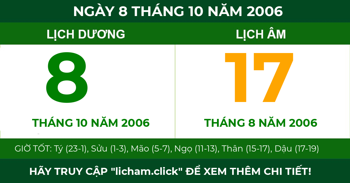 lịch âm ngày 8 tháng 10 năm 2006