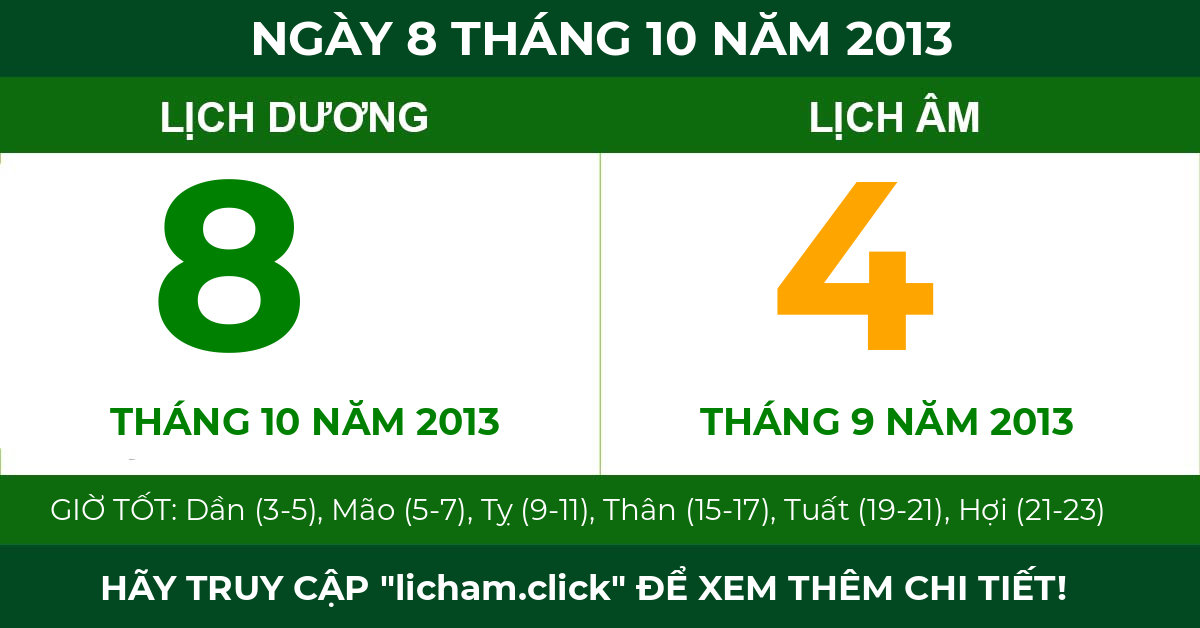 lịch âm ngày 8 tháng 10 năm 2013