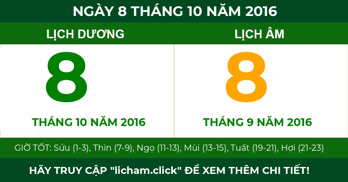 lịch âm ngày 8 tháng 10 năm 2016