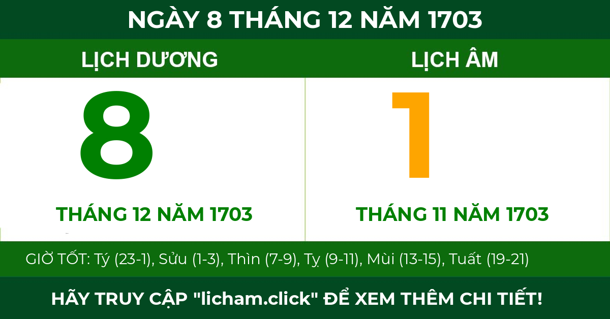 lịch âm ngày 8 tháng 12 năm 1703