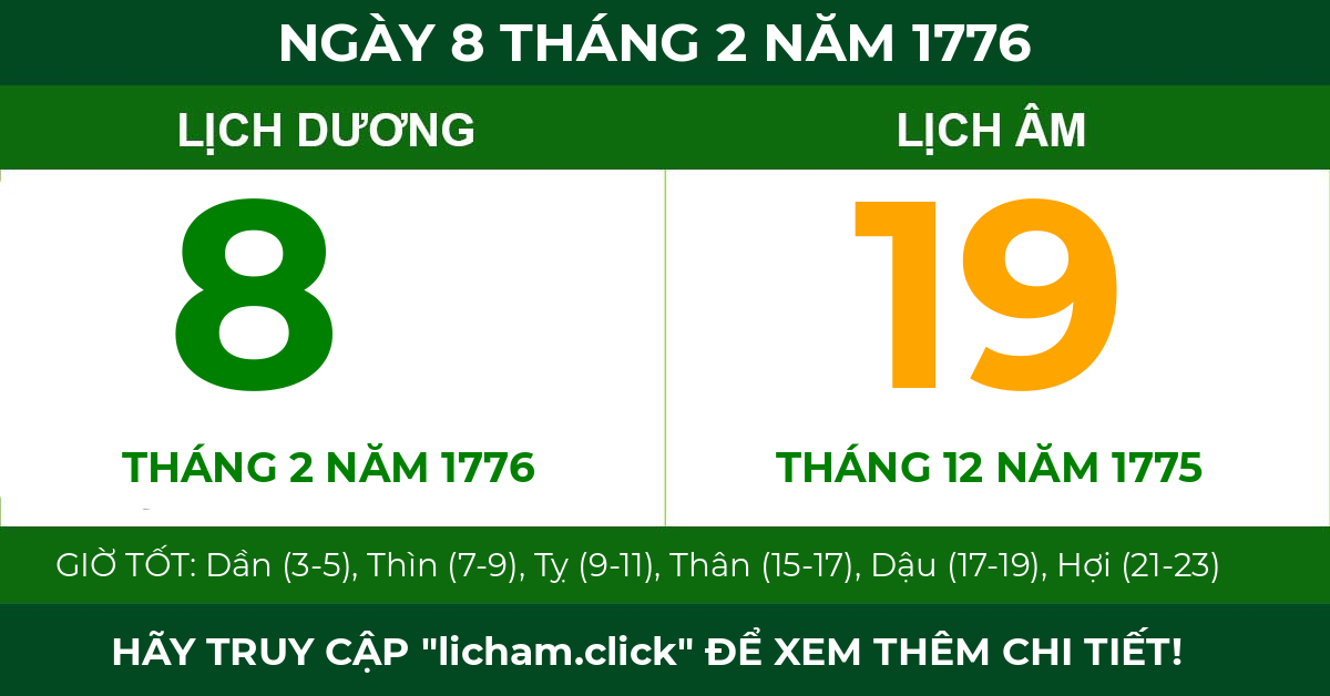 lịch âm ngày 8 tháng 2 năm 1776