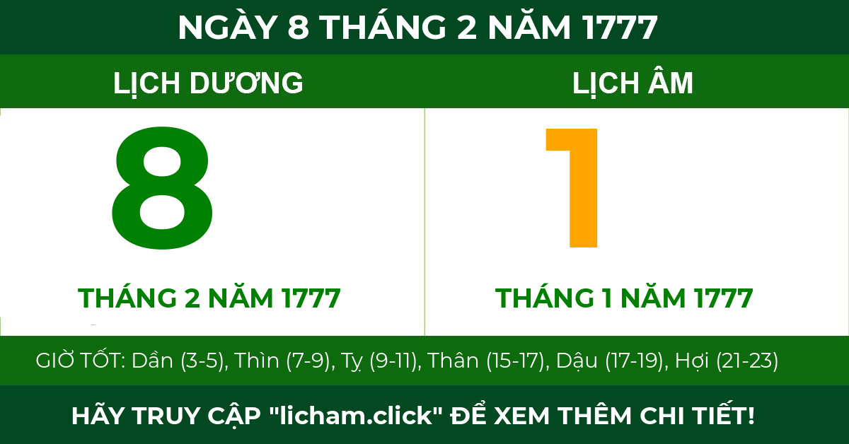 lịch âm ngày 8 tháng 2 năm 1777