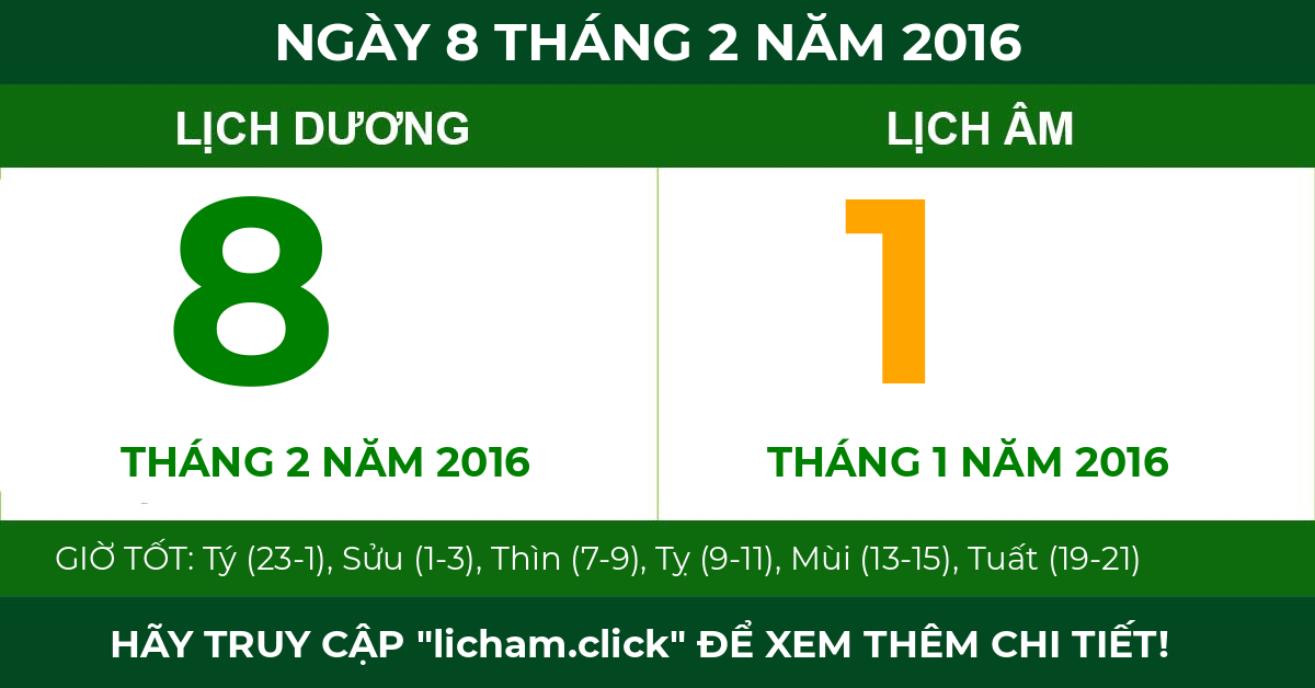 lịch âm ngày 8 tháng 2 năm 2016