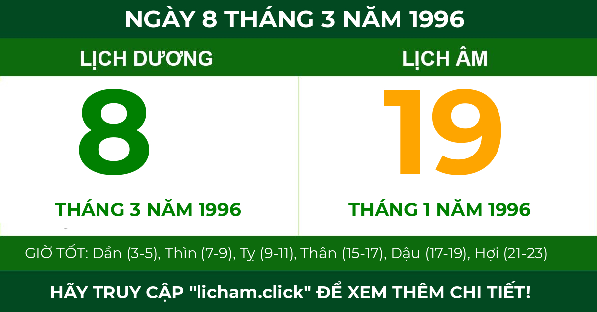 lịch âm ngày 8 tháng 3 năm 1996