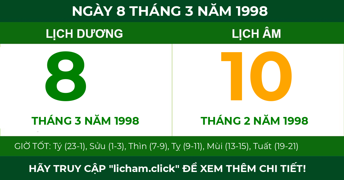 lịch âm ngày 8 tháng 3 năm 1998