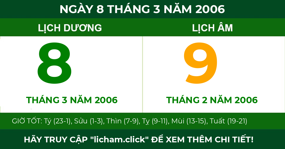 lịch âm ngày 8 tháng 3 năm 2006