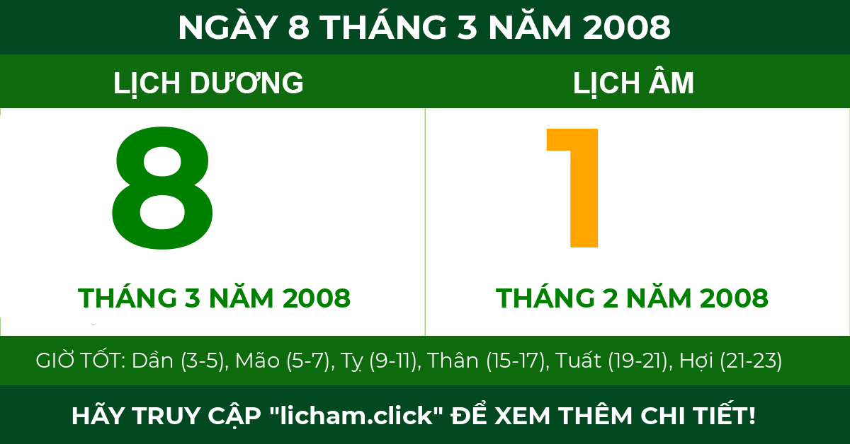 lịch âm ngày 8 tháng 3 năm 2008
