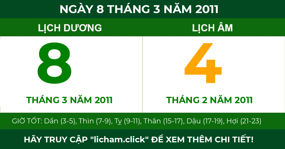 lịch âm ngày 8 tháng 3 năm 2011