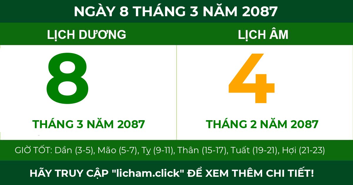 lịch âm ngày 8 tháng 3 năm 2087