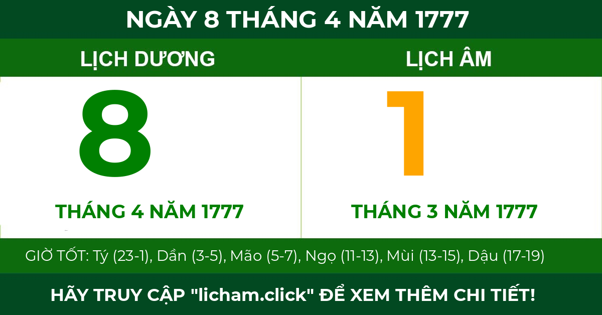 lịch âm ngày 8 tháng 4 năm 1777
