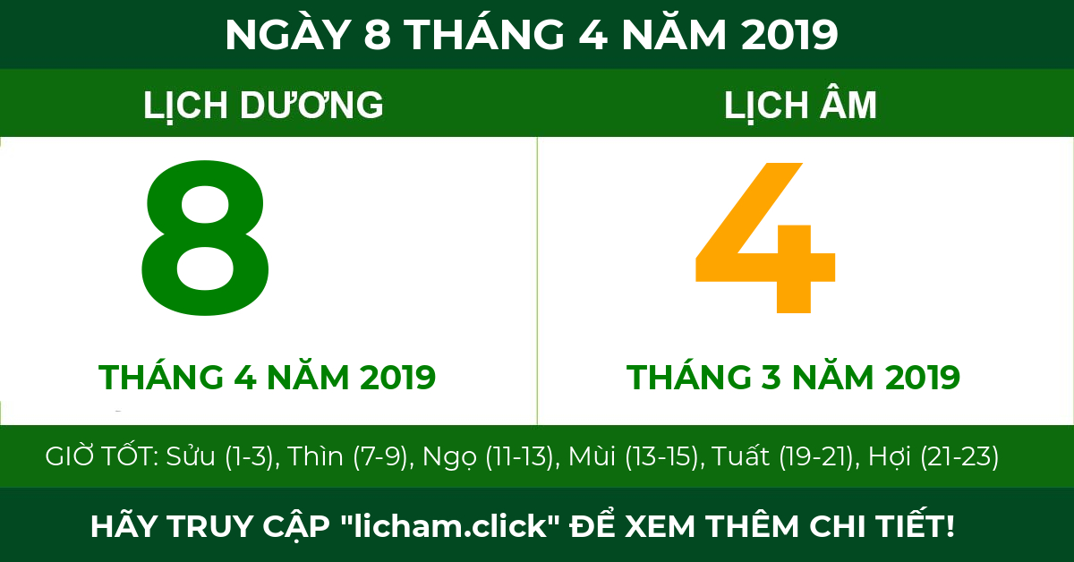 lịch âm ngày 8 tháng 4 năm 2019