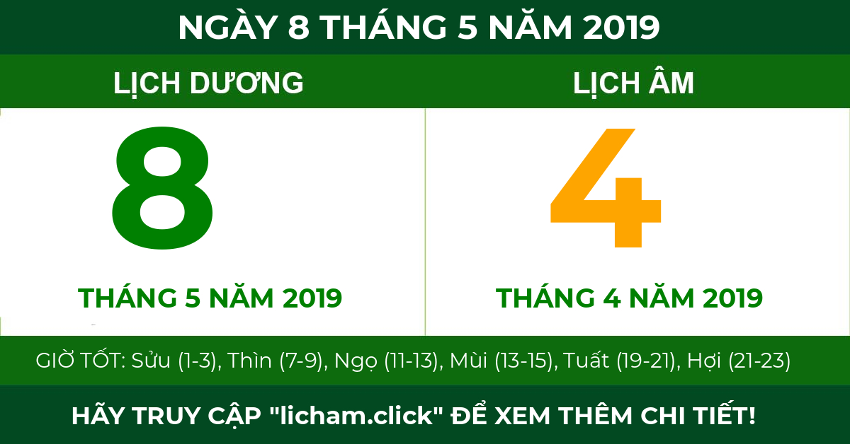 lịch âm ngày 8 tháng 5 năm 2019