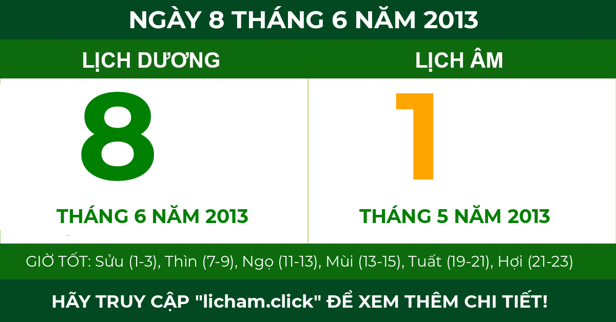 lịch âm ngày 8 tháng 6 năm 2013