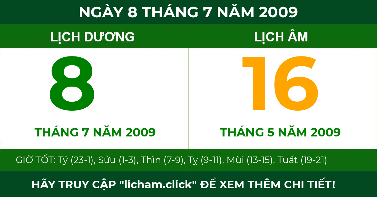 lịch âm ngày 8 tháng 7 năm 2009