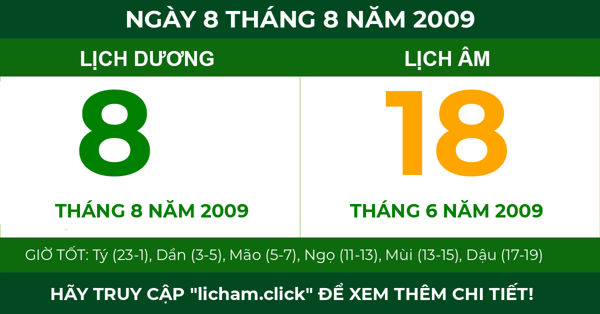 lịch âm ngày 8 tháng 8 năm 2009