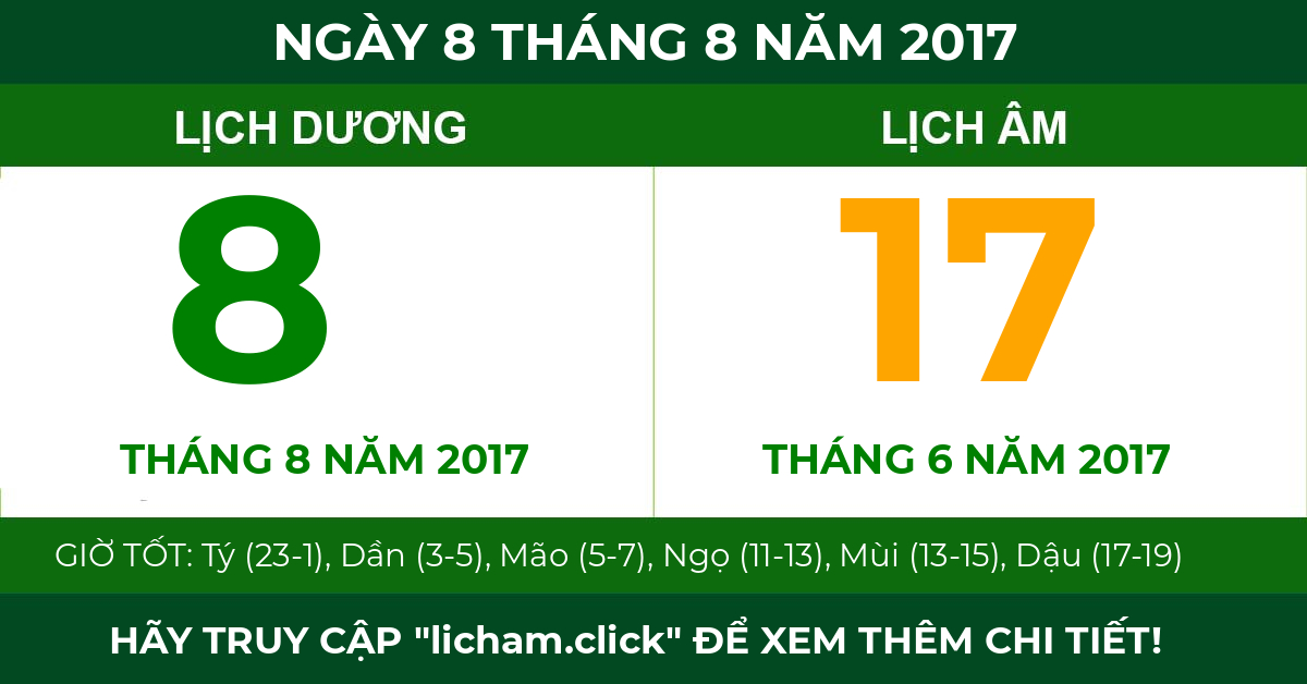 lịch âm ngày 8 tháng 8 năm 2017