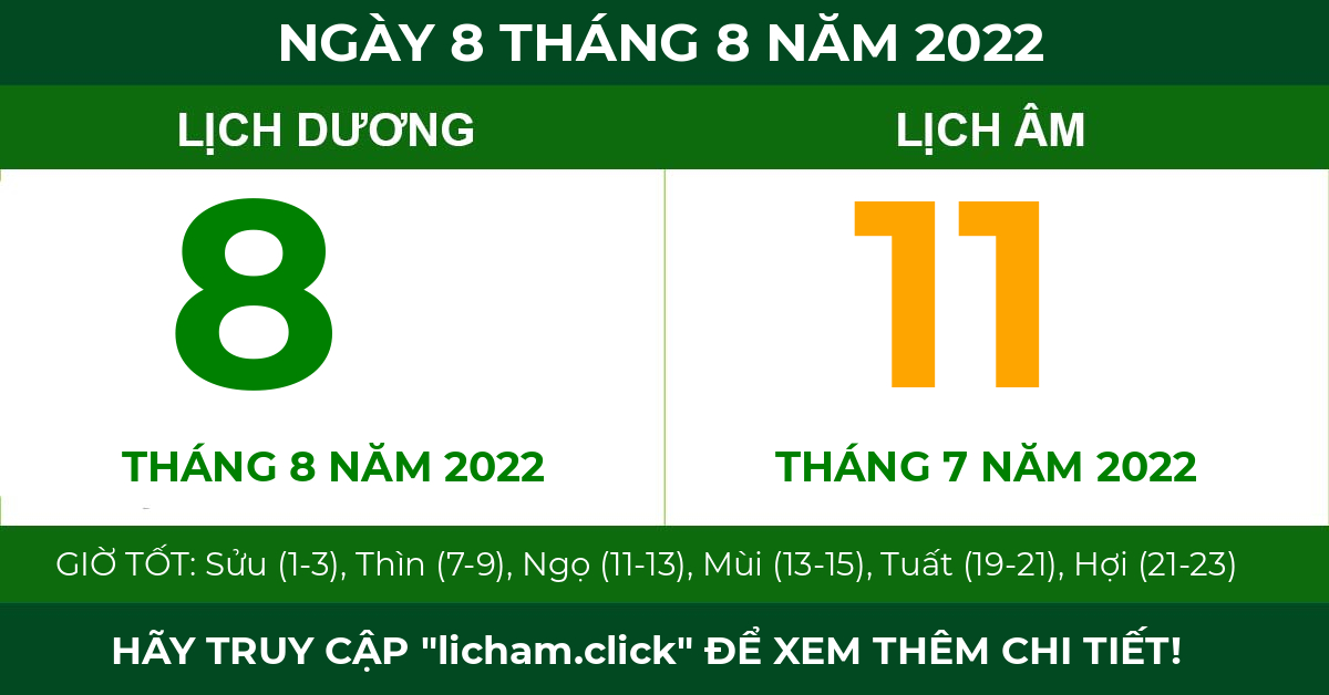 lịch âm ngày 8 tháng 8 năm 2022
