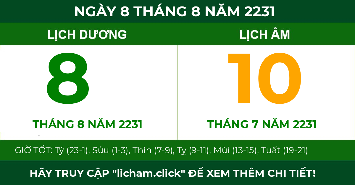 lịch âm ngày 8 tháng 8 năm 2231