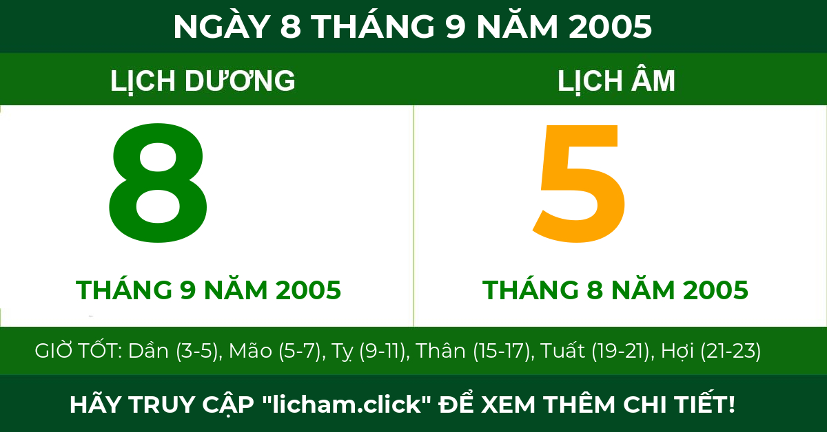lịch âm ngày 8 tháng 9 năm 2005
