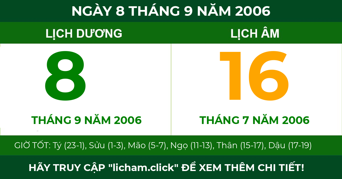 lịch âm ngày 8 tháng 9 năm 2006