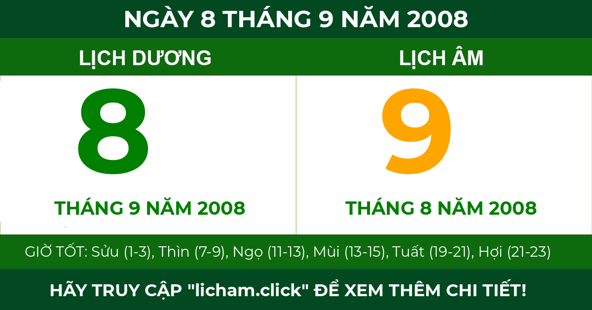 lịch âm ngày 8 tháng 9 năm 2008