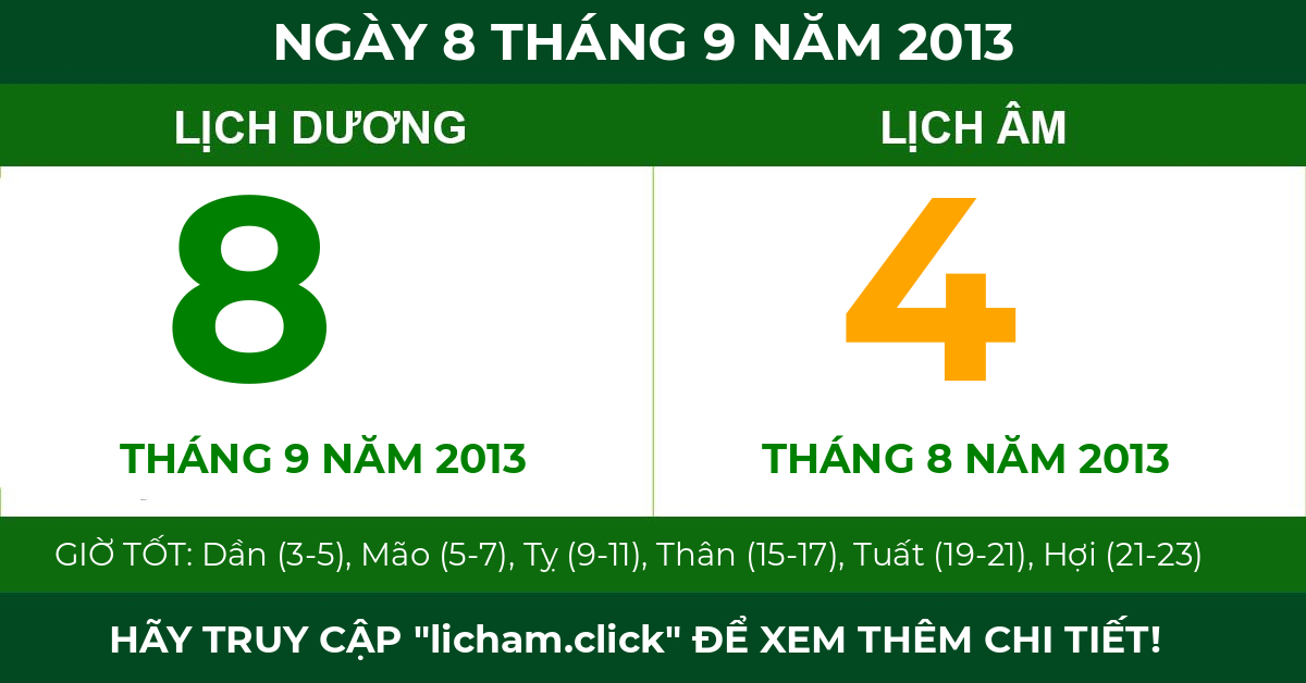 lịch âm ngày 8 tháng 9 năm 2013