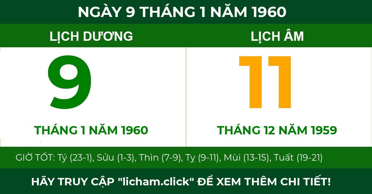 lịch âm ngày 9 tháng 1 năm 1960