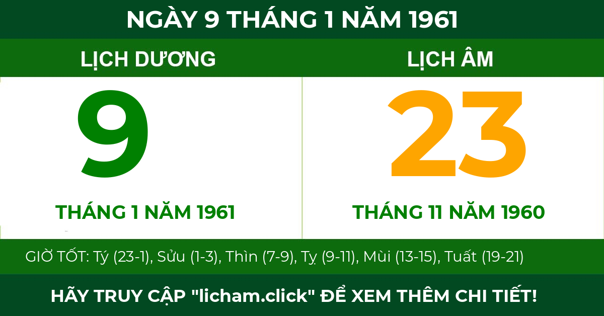 lịch âm ngày 9 tháng 1 năm 1961