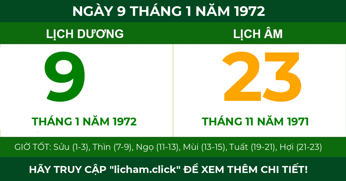 lịch âm ngày 9 tháng 1 năm 1972