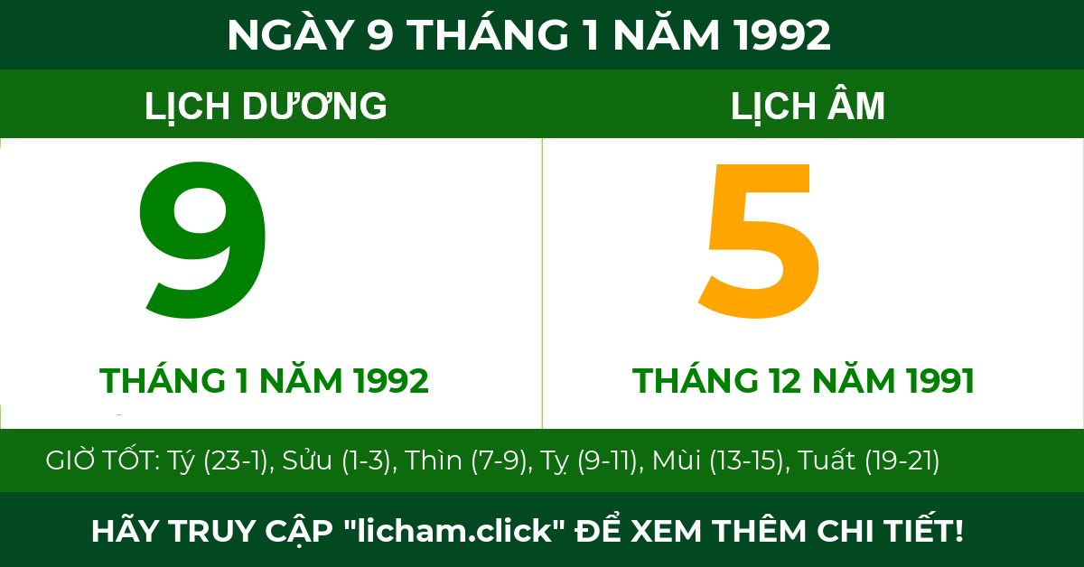 lịch âm ngày 9 tháng 1 năm 1992