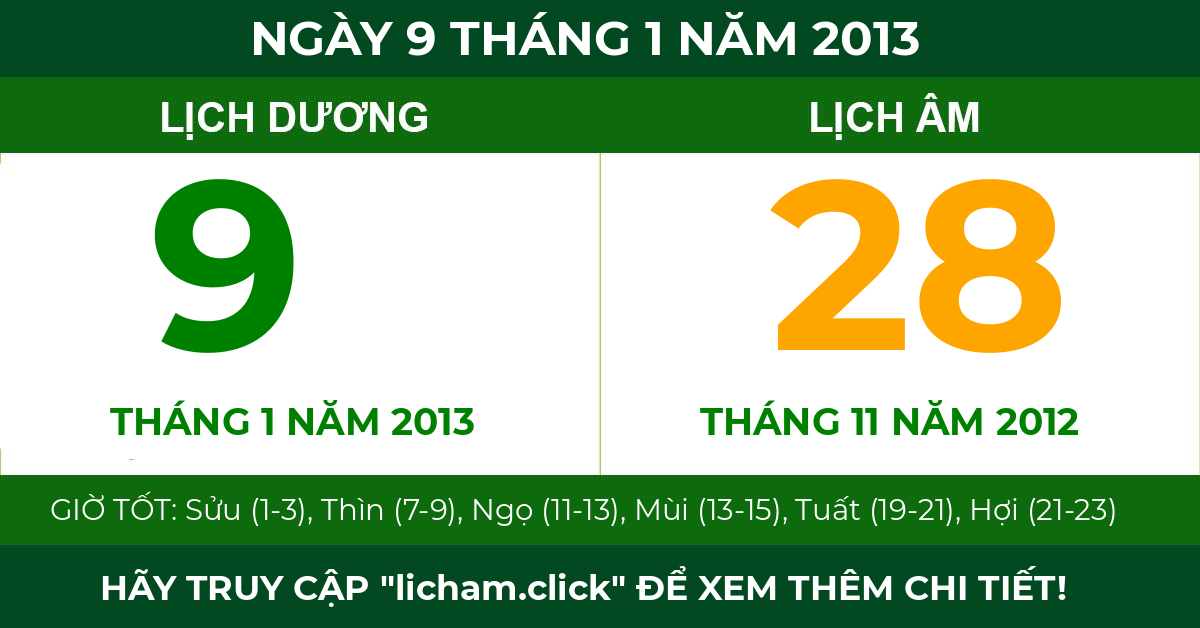 lịch âm ngày 9 tháng 1 năm 2013