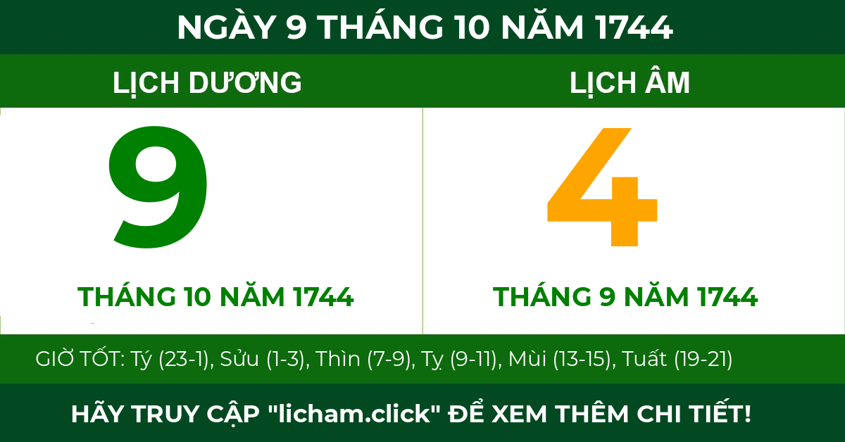 lịch âm ngày 9 tháng 10 năm 1744
