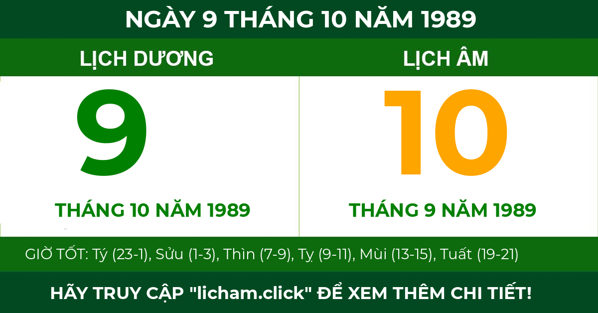 lịch âm ngày 9 tháng 10 năm 1989