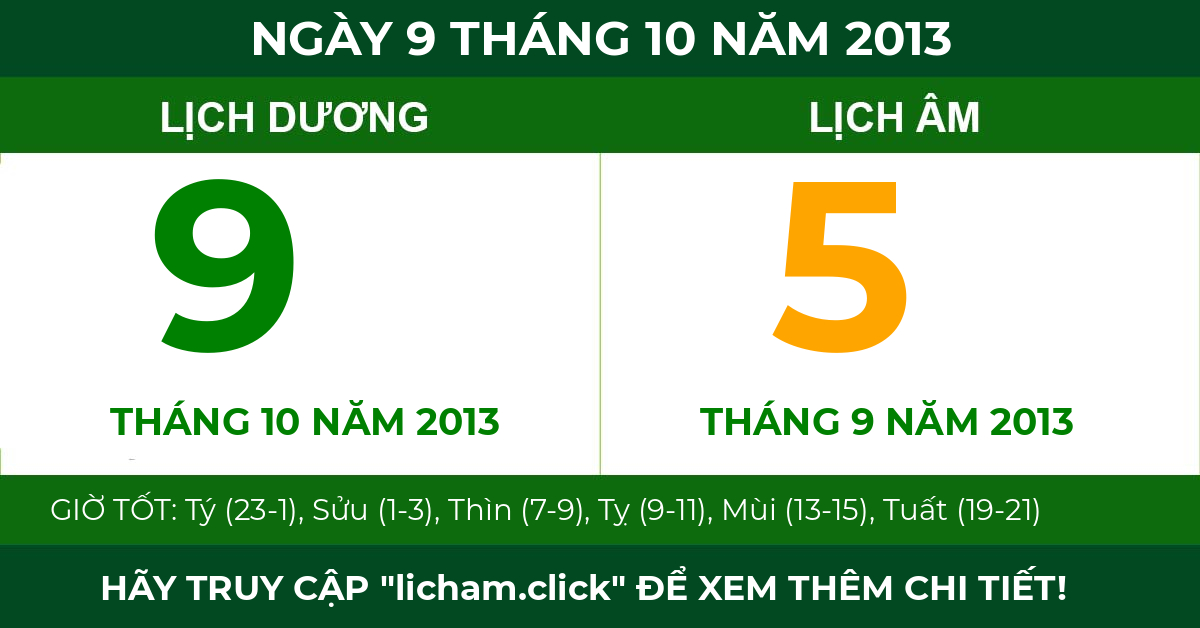 lịch âm ngày 9 tháng 10 năm 2013