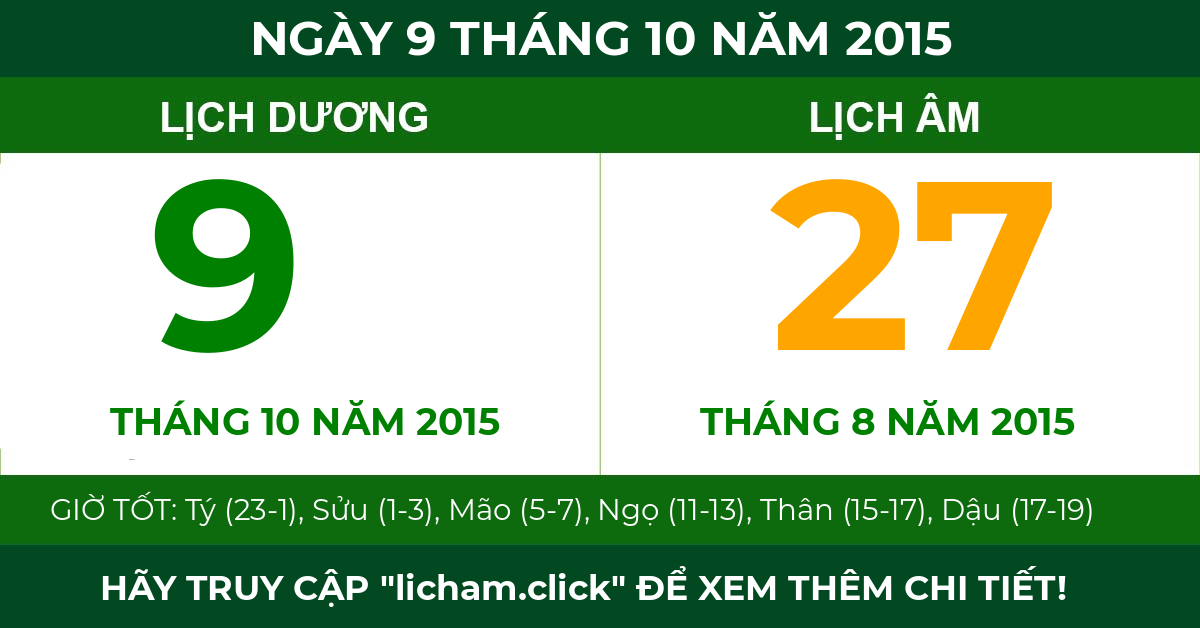 lịch âm ngày 9 tháng 10 năm 2015