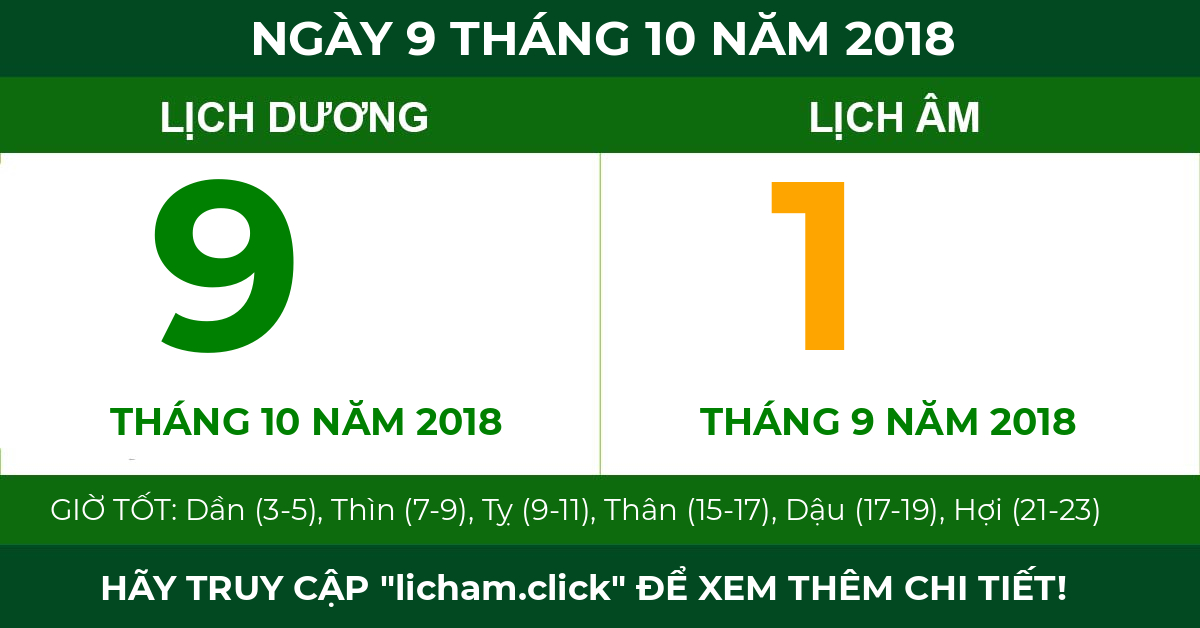 lịch âm ngày 9 tháng 10 năm 2018