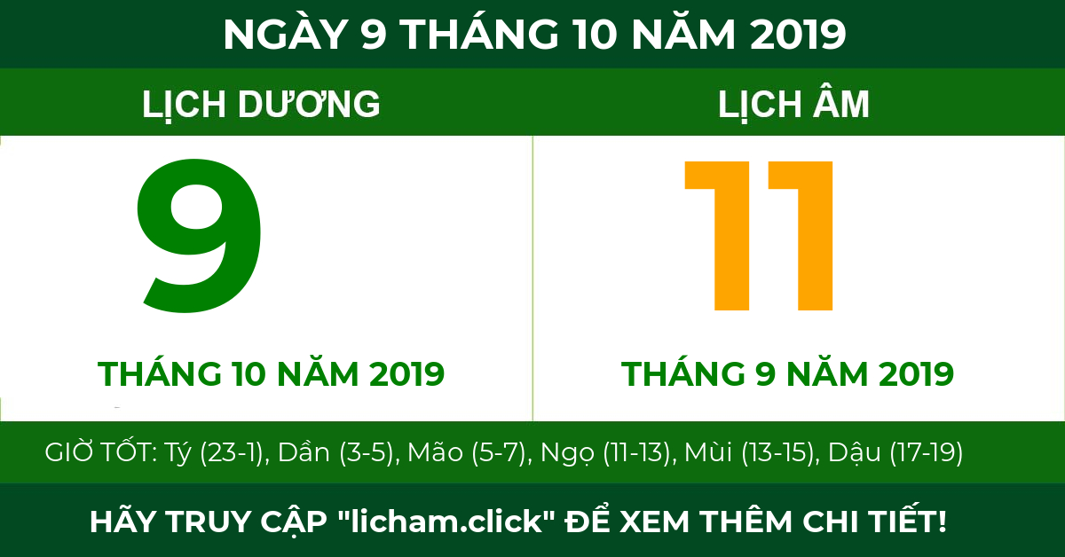 lịch âm ngày 9 tháng 10 năm 2019