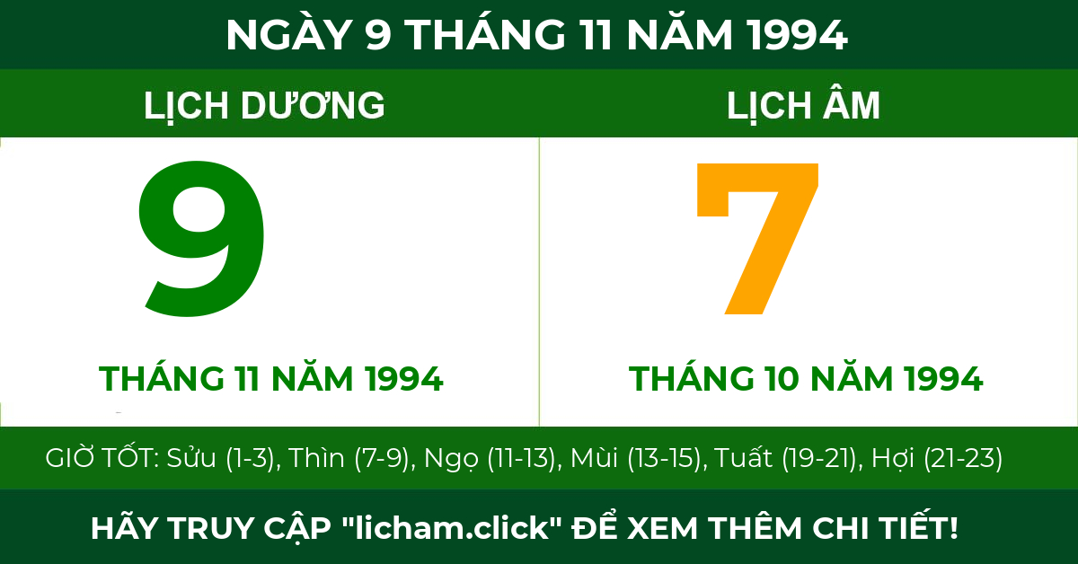 lịch âm ngày 9 tháng 11 năm 1994