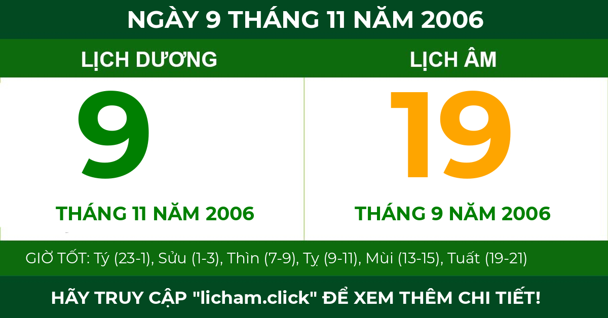 lịch âm ngày 9 tháng 11 năm 2006