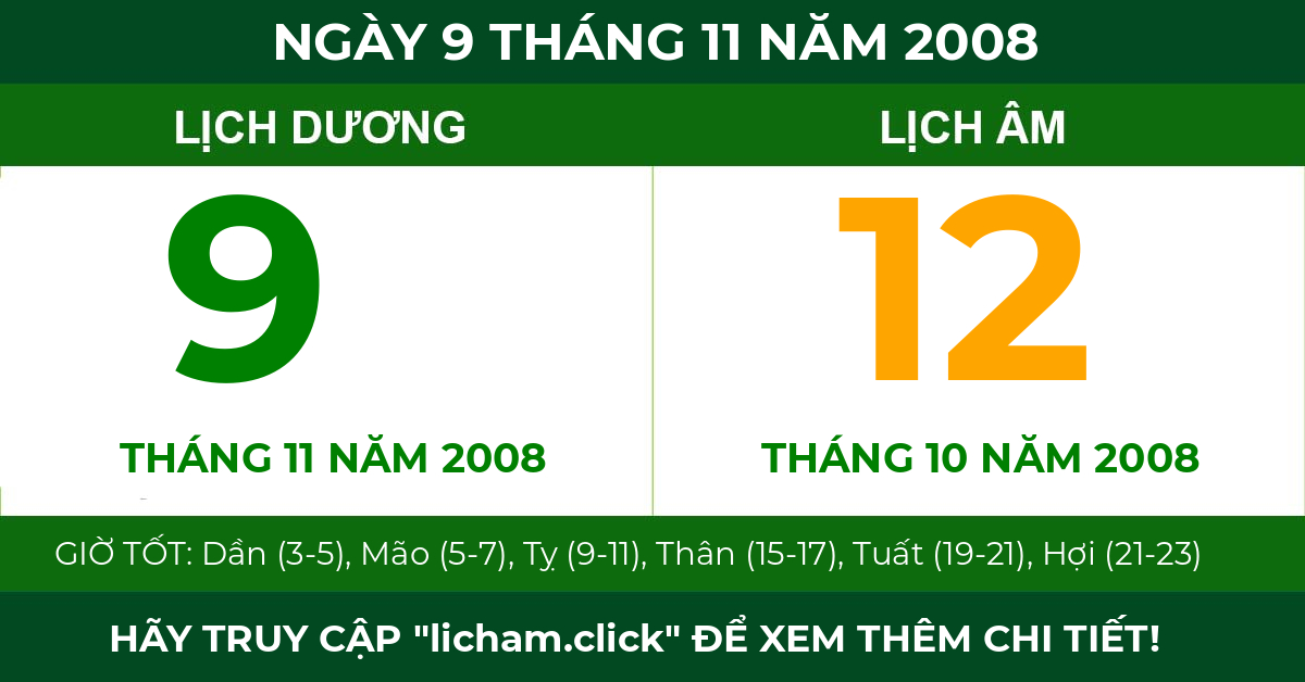 lịch âm ngày 9 tháng 11 năm 2008