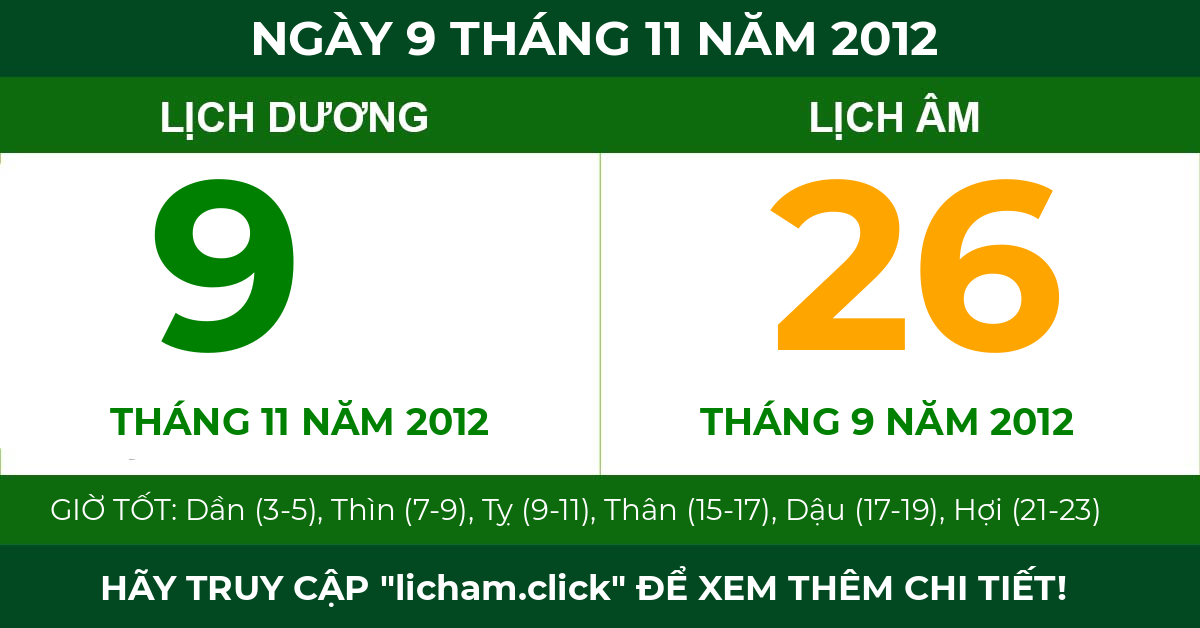 lịch âm ngày 9 tháng 11 năm 2012