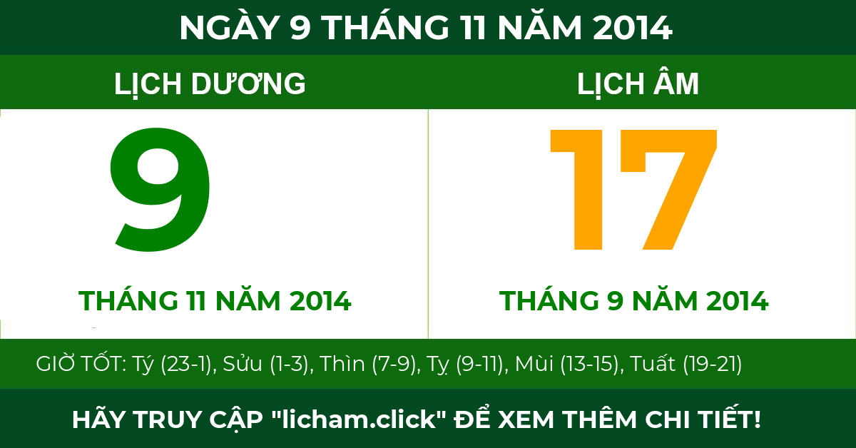 lịch âm ngày 9 tháng 11 năm 2014