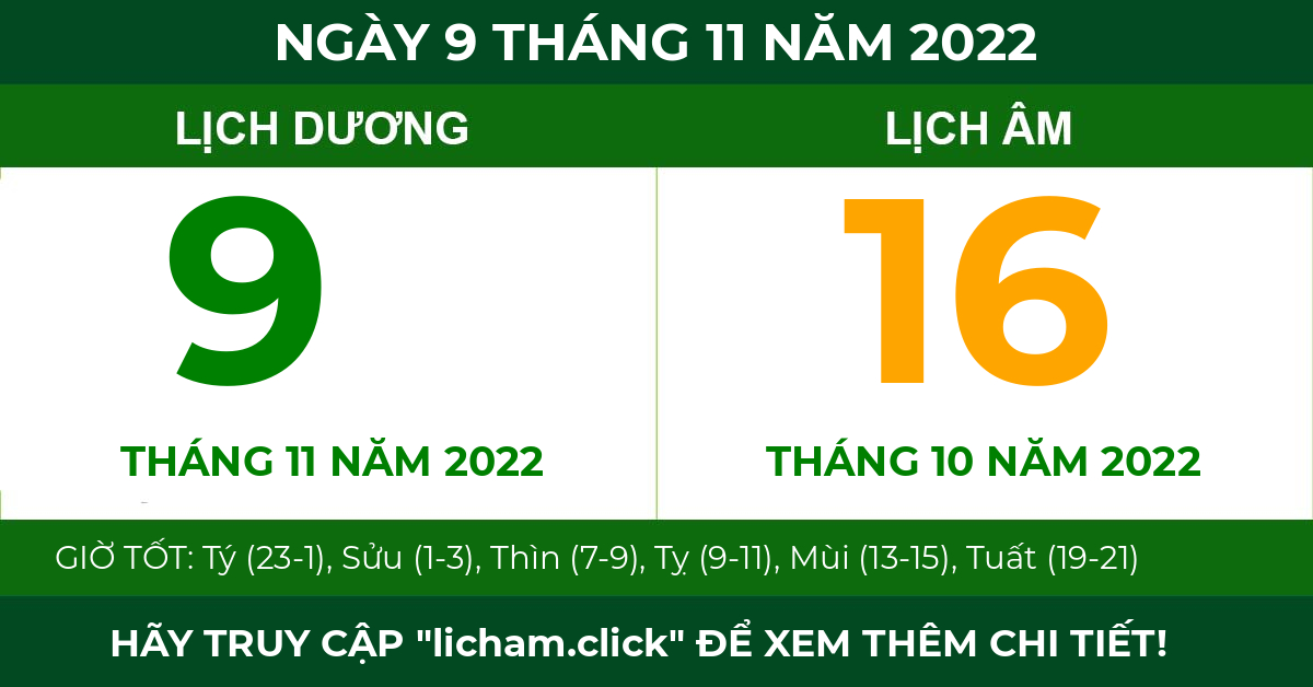 lịch âm ngày 9 tháng 11 năm 2022
