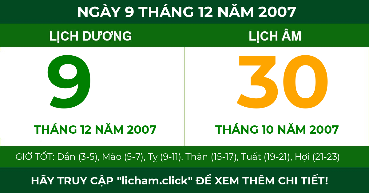 lịch âm ngày 9 tháng 12 năm 2007