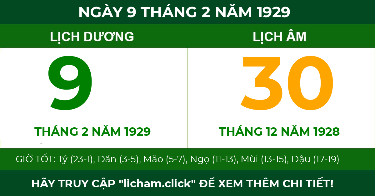 lịch âm ngày 9 tháng 2 năm 1929