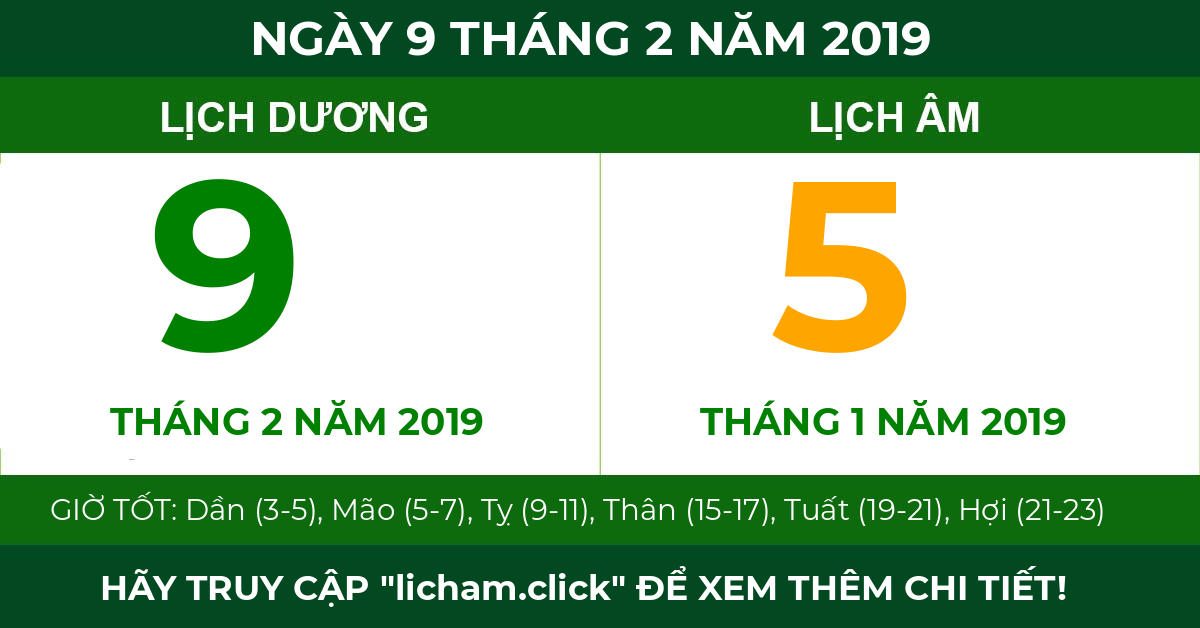 lịch âm ngày 9 tháng 2 năm 2019