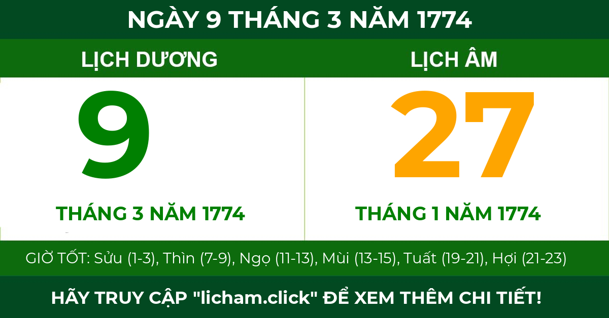 lịch âm ngày 9 tháng 3 năm 1774