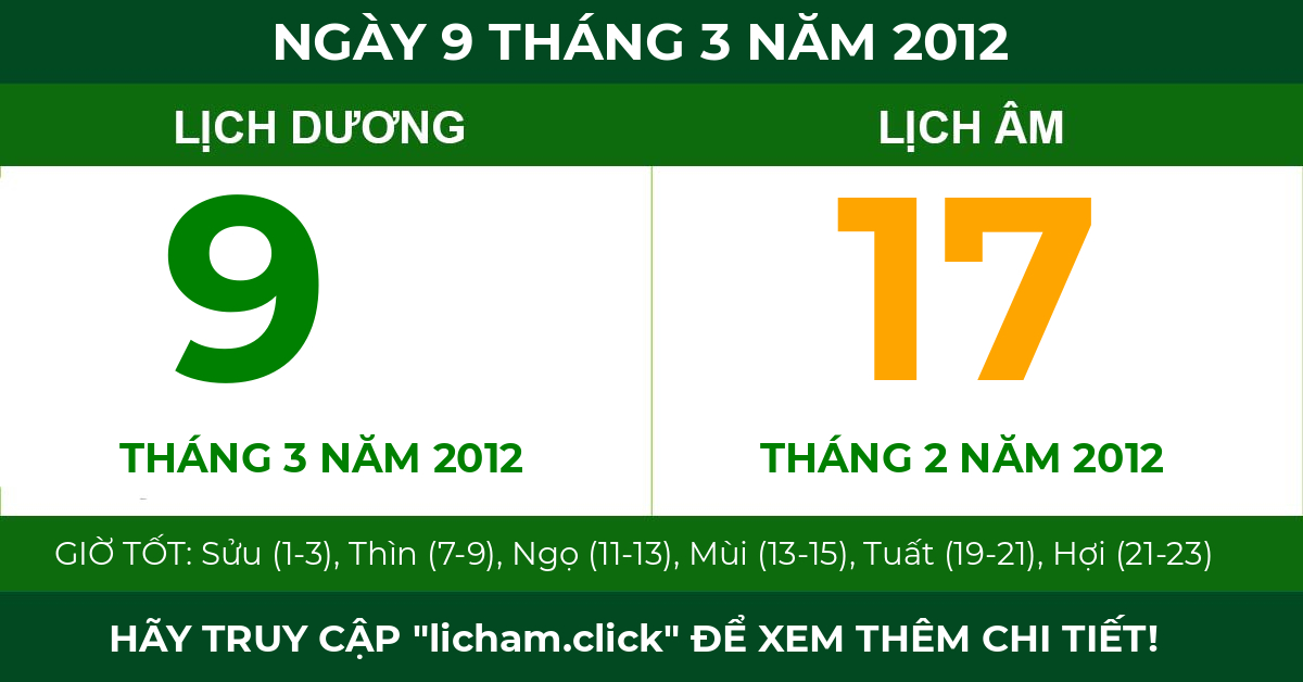 lịch âm ngày 9 tháng 3 năm 2012