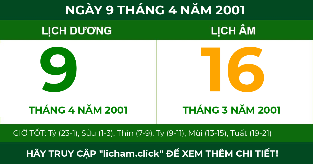 lịch âm ngày 9 tháng 4 năm 2001