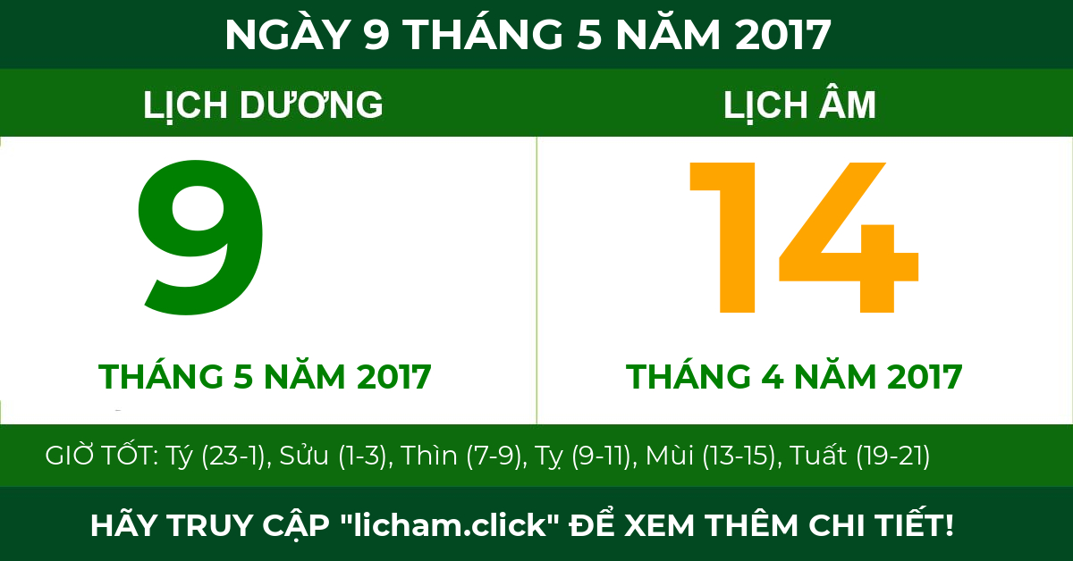 lịch âm ngày 9 tháng 5 năm 2017